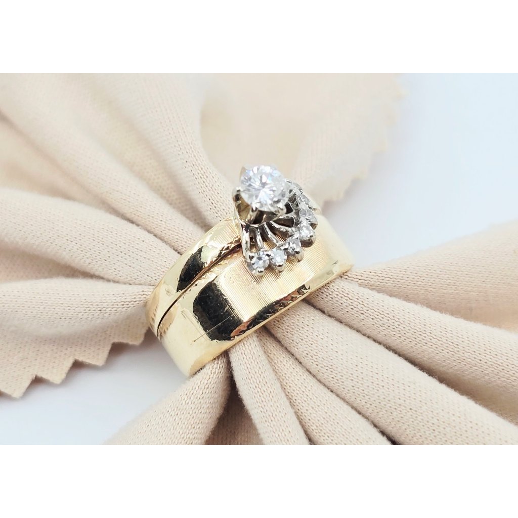 Vintage 14k Solid Two Tone Multi Color Gold Diamond Wide Band Ring  Size 650